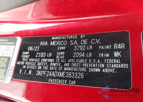 2021 Kia Forte Lxs из США, поврежденный, VIN 3KPF24ADXME383326